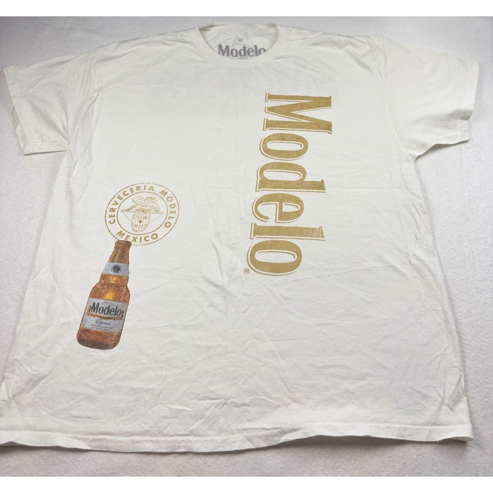 Modelo Especial Beer Graphic T-Shirt Mens XL White Gold Logo Short Sleeve Cotton